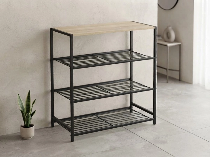 Regal s 4 nivoji 60 × 30 × 63,5 cm, črn s svetlo ploščo