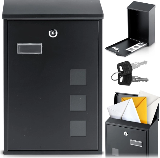 Kovinski poštni nabiralnik 39,5 × 25,5 × 12 cm črne barve z zgornjim režo