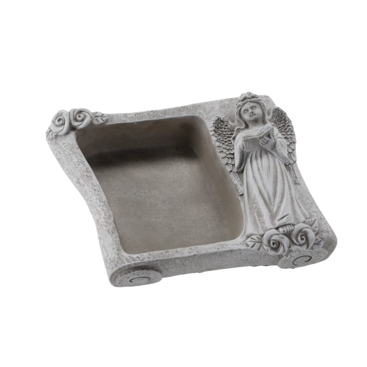 Cement cemetery planter shaped like an open book with an angel, gray