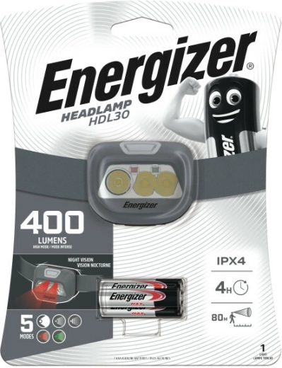 Energizer naglavna svetilka HDL30 400 lm, polnilna in na AAA