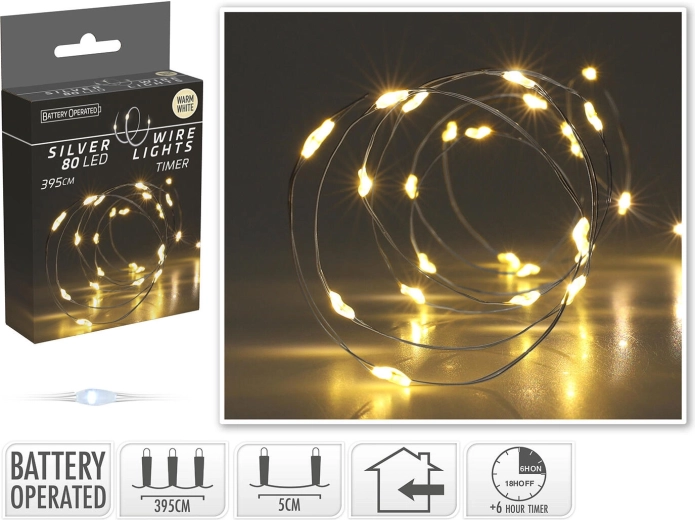 Christmas LED light string 3.95 m, 80 LEDs, warm white, silver wire, timer - 1 piece
