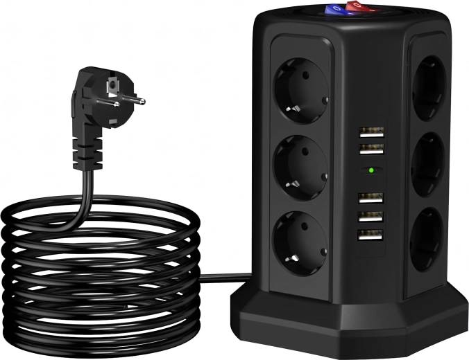 Stoječa prenapetostna razdelilna vtičnica 12 vtičnic + 5 USB z resetom