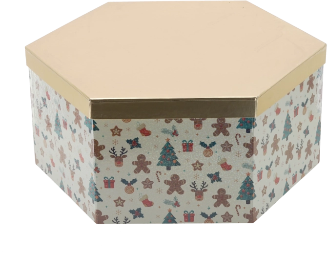 Božična darilna škatla šesterokotnik z zlatim pokrovom 36 × 31 × 14 cm - 1 kos