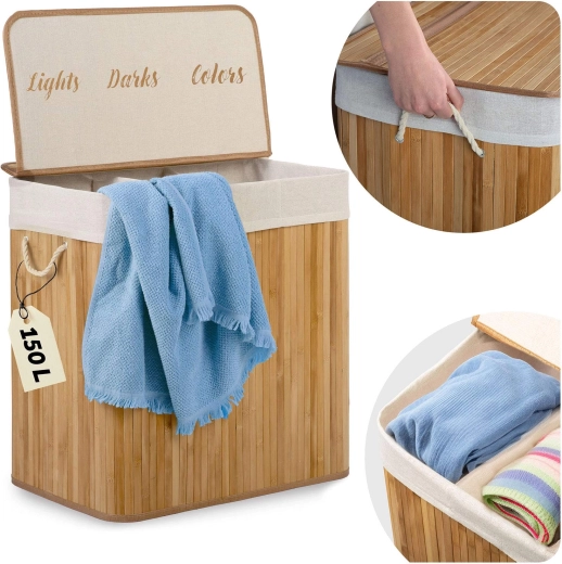 Bambusov koš za perilo 150 l s 3 predelki in pokrovom MASSIDO