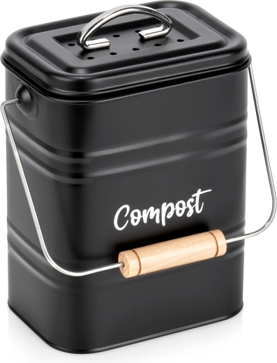 Kuhinjski kompostnik z oglenim filtrom, kovinski, črn, 5 l
