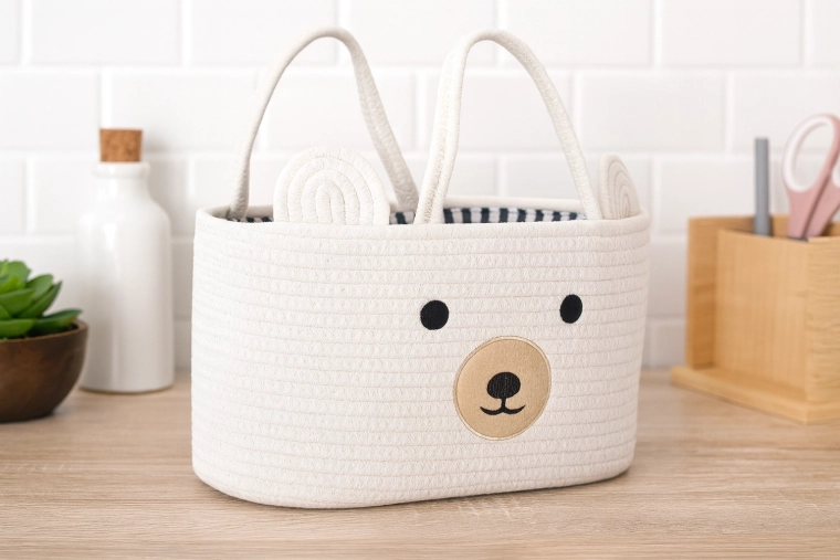 Bel tekstilni koš za igrače v obliki medvedka z ročaji 35 × 25 × 21 cm