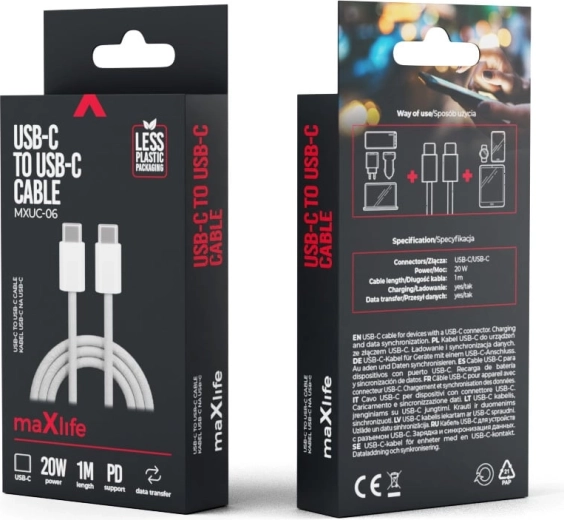 Maxlife najlonski kabel USB-C – USB-C 1 m 20 W siv