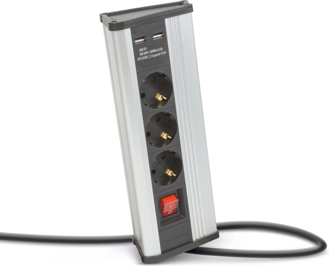Corner extension socket with switch and USB ports, aluminum