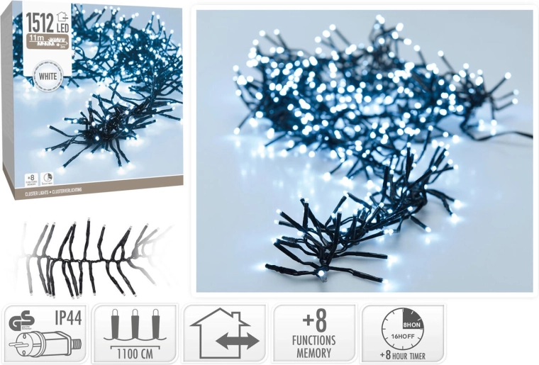 Božična svetlobna veriga 11 m, 1512 LED, hladno bela, 8 funkcij, IP44, s časovnikom - 1 kos