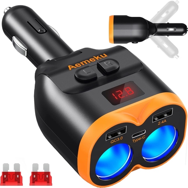 Avtoadapter za vžigalnik 12–24 V z voltmetrom, 2x USB‑A in USB‑C QC 3.0, 80 W