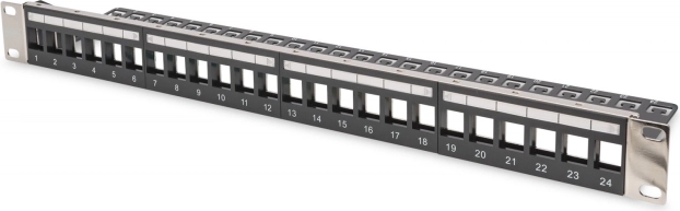 Modularni 19" patch panel s 24 vrati za keystone module, 1U, oklopljen, z urejanjem kablov