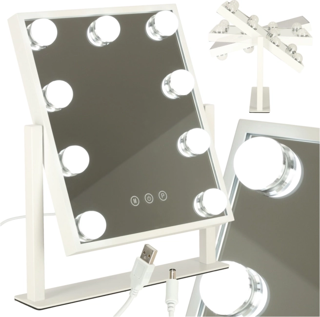 Kozmetično ogledalo za ličenje z LED osvetlitvijo, 9 žarnic, USB, 25 × 30 cm