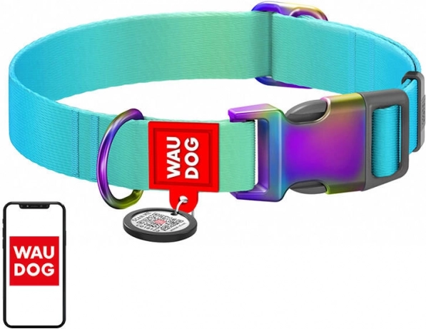 Najlonska ovratnica s QR kodo za pse Waudog gradient, modra, velikost XL