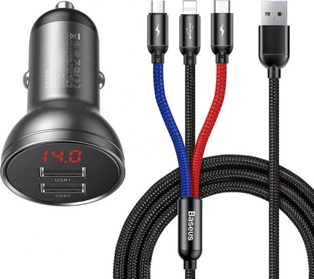 Baseus Polnilec za Avto z Zaslonom in USB 3v1 Kabli 24W