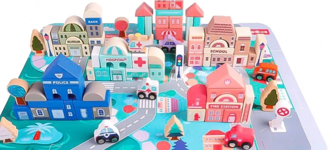 Lesene izobraževalne kocke mesto s podlogo 115 kos ECOTOYS