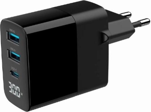 Omrežni GaN polnilec 30 W z LCD, 2× USB‑A in 1× USB‑C, hitro polnjenje PD/QC 3.0, črna