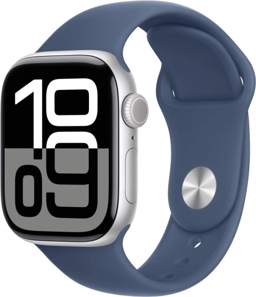 Apple Watch Series 10 GPS, aluminijasto ohišje 42 mm, srebrna barva z denim športnim paščkom – velikost M/L