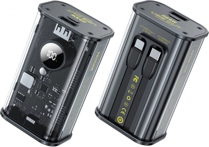 Power banka 10000 mAh s hitrim polnjenjem, vgrajenima kabloma USB‑C in Lightning, PD 20 W + QC 22,5 W, črna
