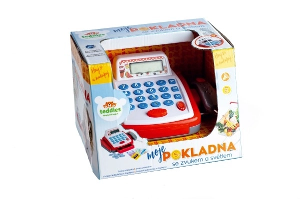 Majhna digitalna blagajna iz plastike 18cm z dodatki na baterije z zvokom in svetlobo v škatli 22x15x18cm