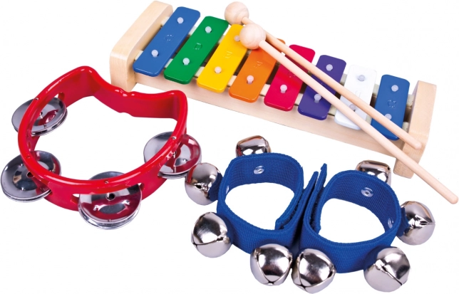 BINO komplet 3 glasbenih instrumentov za otroke (ksilofon, tamburin, zvončki)