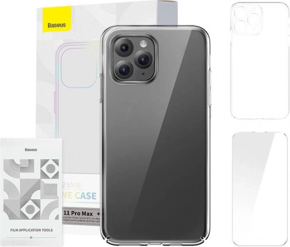 Baseus Crystal Series ovitek za iPhone 11 Pro Max prozoren s kaljenim steklom in čistilnim kompletom