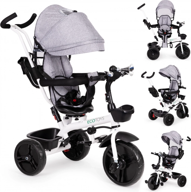Otroški tricikel z vrtljivim sedežem in streho ECOTOYS siv