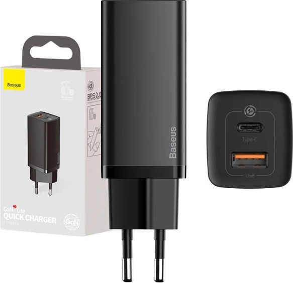 Hiter potovalni polnilec BASEUS GaN Lite 65W, USB‑C + USB, črna