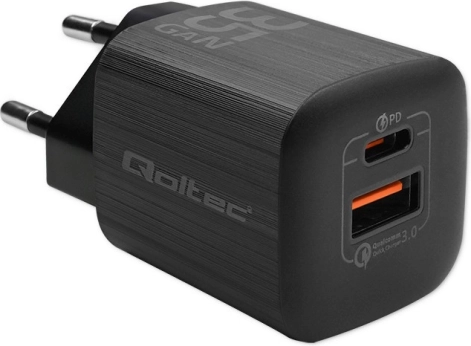Omrežni polnilec QOLTEC 35 W GaN Ultra, 1× USB‑C PD + 1× USB‑A, črna