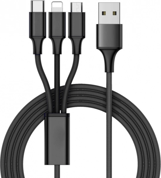 Univerzalni 3-v-1 polnilni kabel s konektorji Lightning, Micro USB in USB‑C 1,2 m – črna