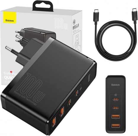 Potovalni polnilec Baseus GaN2 Pro Quick 100 W, 2× USB‑C + 2× USB, EU – črna