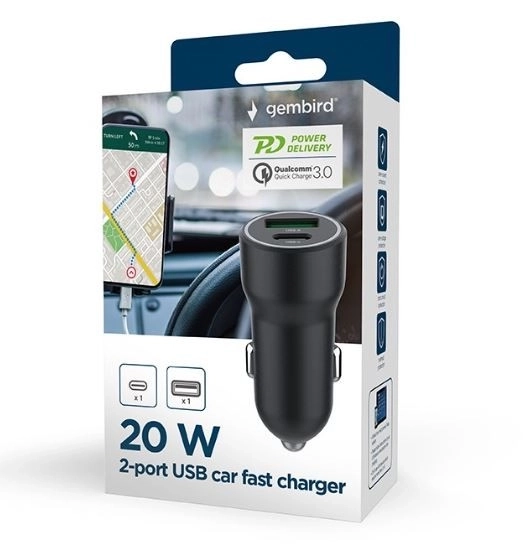 Črna polnilna naprava za avto USB-A/USB-C 20W PD