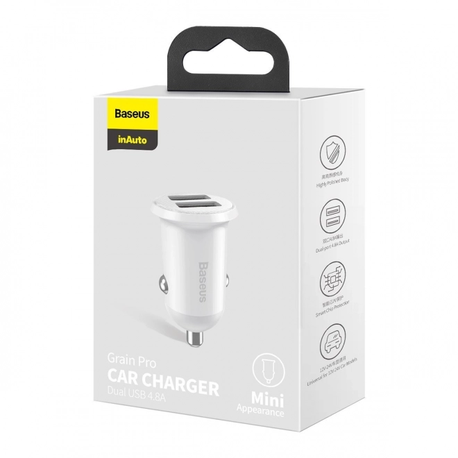 Avtopolnilnik 2x USB Baseus, 4,8A, bela