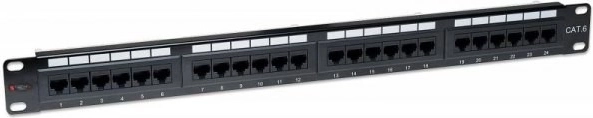 Patch panel 1U Cat6 UTP 24×RJ45 črn
