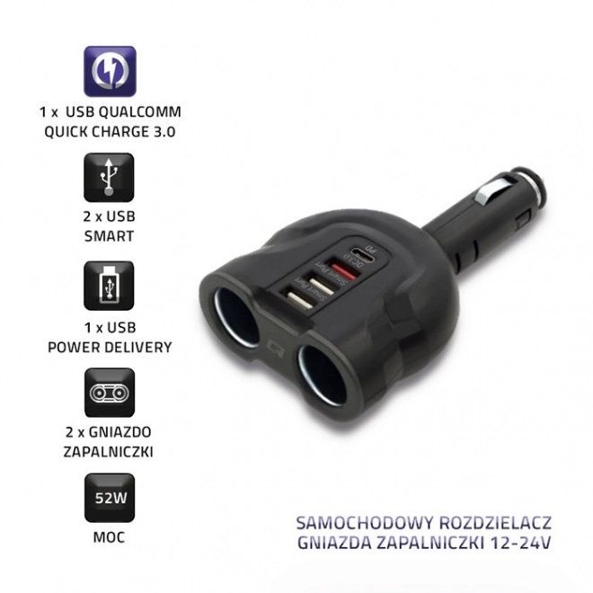 Razdelilec avtomobilskega vžigalnika 12-24V | 52W | 2,4A | 2xUSB | USB QC 3.0 | USB-C PD | 2x vtičnica za avtomobilski vžigalnik