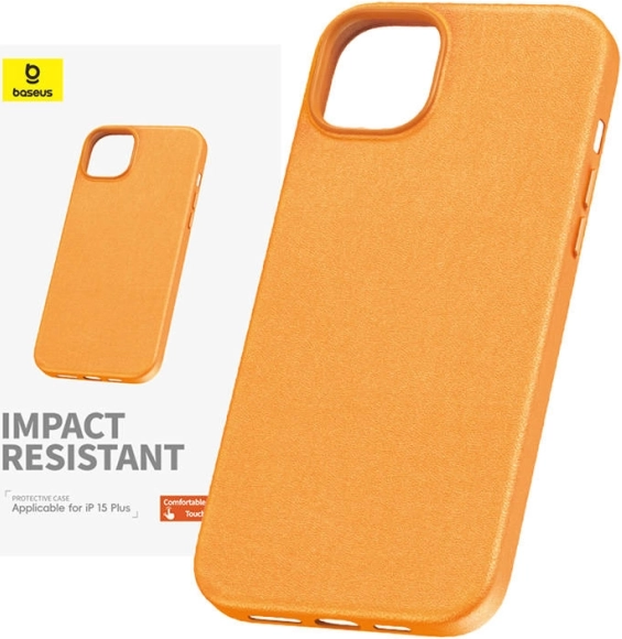 Ovitak iz PU usnja BASEUS Fauxther za iPhone 15 Plus – oranžen