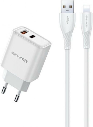 Awei omrežni polnilec GaN 22,5 W USB + USB‑C s kablom USB‑A/Lightning