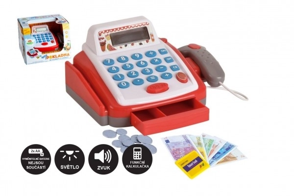 Majhna digitalna blagajna iz plastike 18cm z dodatki na baterije z zvokom in svetlobo v škatli 22x15x18cm