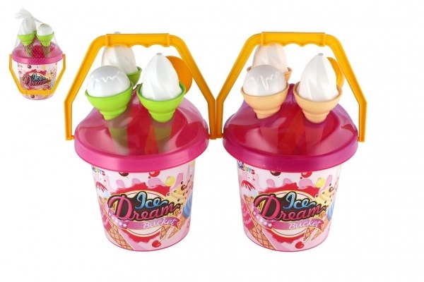 Komplet za pesek plast vedro + modelčki sladoled 2 barvi v mreži 18x28x17cm 12m+