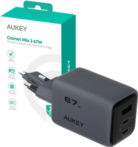 Aukey PA-C3 Comet Mix 3 GaN ultras hitri omrežni polnilec 67 W 3x USB (2x USB-C in 1x USB-A)