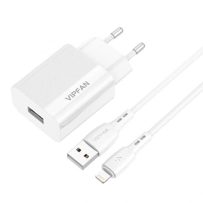 Mrežni polnilec VFAN E01, 1x USB, 2,4A + kabel Lightning (bela)