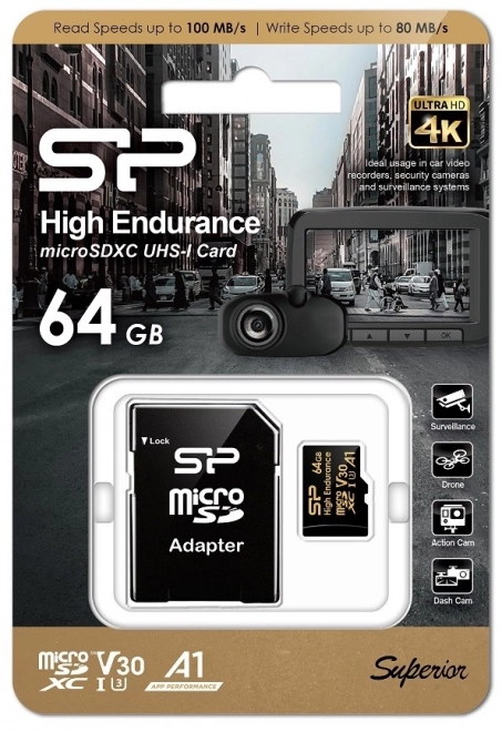 Pomnilniška kartica microSDXC High Endurance 64GB V30 UHS-1 U3 A1 24/7 + microSD-SD ADAPTER