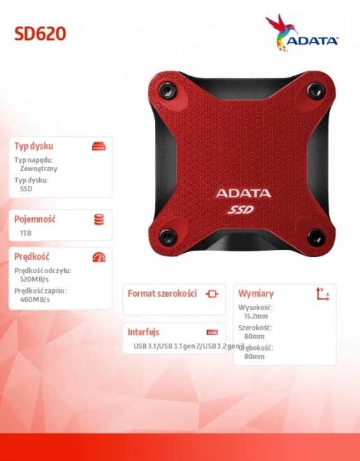 Zunanji SSD disk ADATA SD620 1TB rdeč