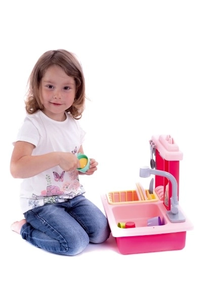 Roza umivalnik za pomivanje posode + plastična pipa na baterije z dodatki v škatli 46x28x12cm