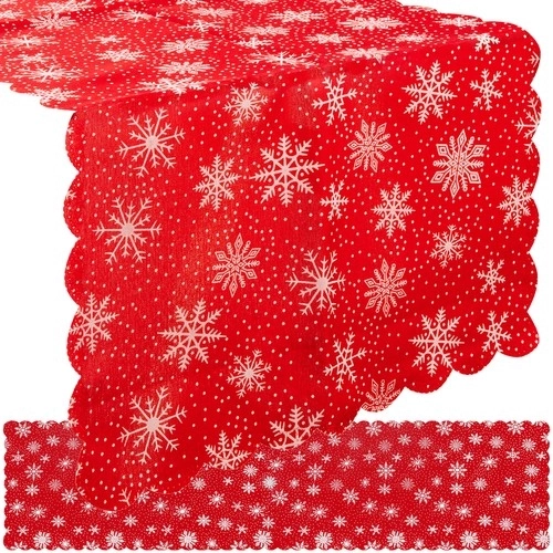 Božično namizno pregrinjalo rdeče z belimi snežinkami 150 x 35 cm