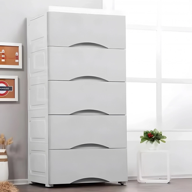 predalni regal na kolescih s 5 predali ModernHome, siv/bel plast