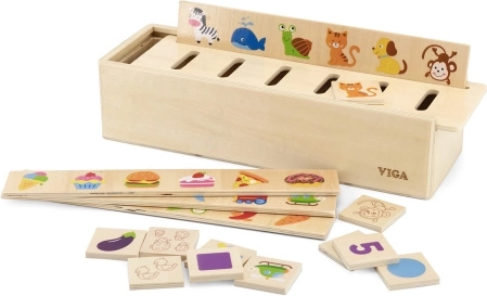 Leseni izobraževalni sortirnik VIGA – živali, sadje, zelenjava in oblike Montessori