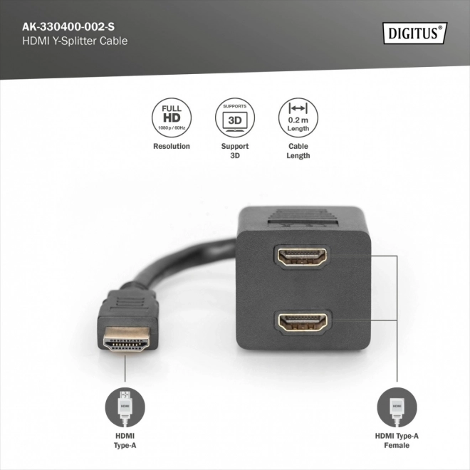 HDMI HighSpeed 1080p 24Hz FHD razdelilni/razdeljen kabel Tip HDMI A/2xHDMI A M/ dolžina 0,2 m črna