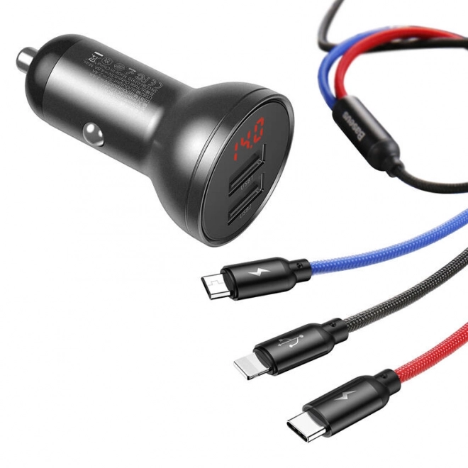 Baseus Polnilec za Avto z Zaslonom in USB 3v1 Kabli 24W
