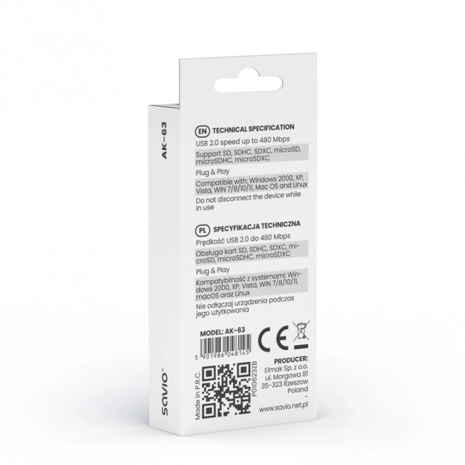 Bralnik kartic SD, USB 2.0, 480 Mb/s, AK-63