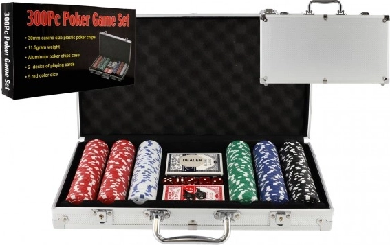 Poker set s 300 žetoni v aluminijastem kovčku s kartami in kockami